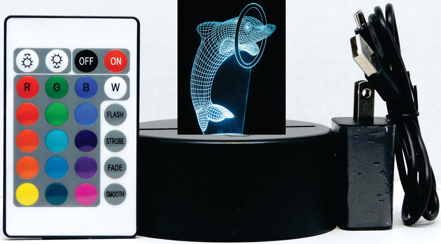 Dolphin with Ring or Ball 3-D Optical Illusion Multicolored Light