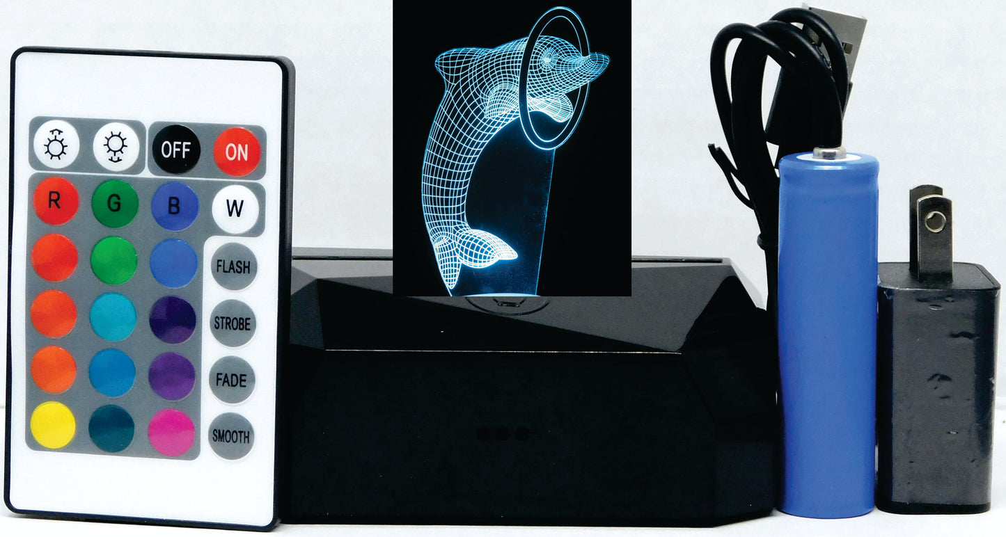 Dolphin with Ring or Ball 3-D Optical Illusion Multicolored Light