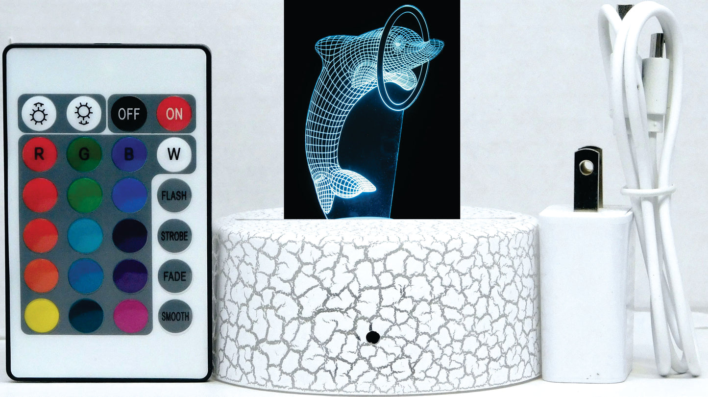 Dolphin with Ring or Ball 3-D Optical Illusion Multicolored Light