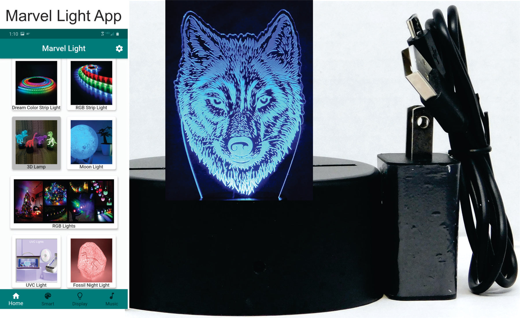 Wolf's Face Image 3-D Optical Illusion Multicolored Lamp