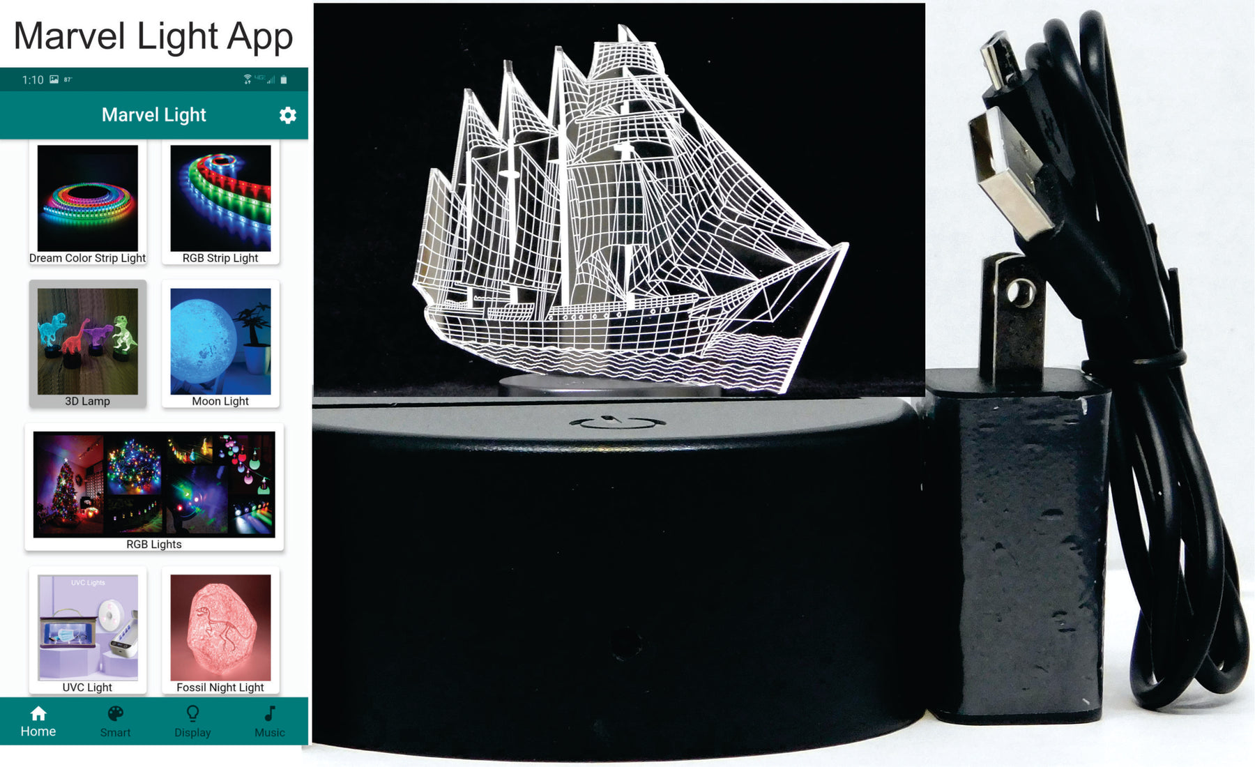 Sailing Ship 3-D Optical Illusion LED Desk, Table, Night Lamp